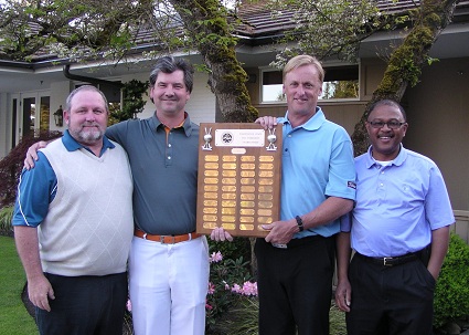 Cedarcrest GC Men's Club President AJ Salvat  and Professional Dave Castleberry Share Low Net Trophy With Fairwood G&CC Professional Rick Larson and Club President Clarence Cal
